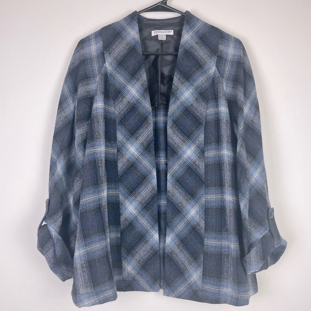 Pendleton Open Front Plaid Blazer Jacket Cardigan Women’s Size S Small Blue